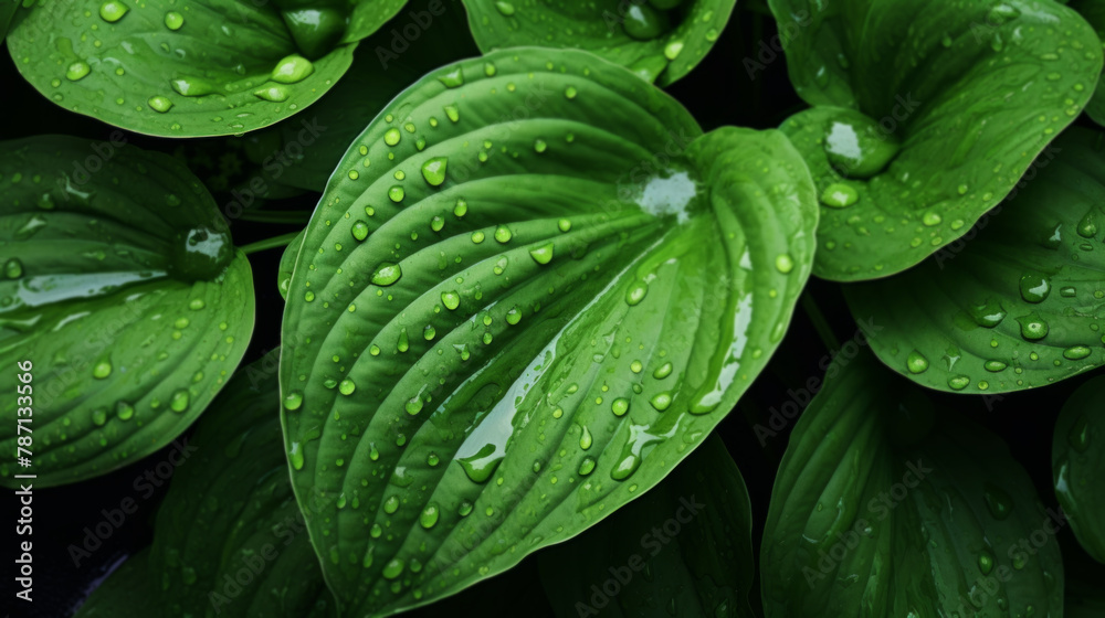 Obraz premium Vivid Green Plant Leaves Adorned with Raindrops After Rainfall