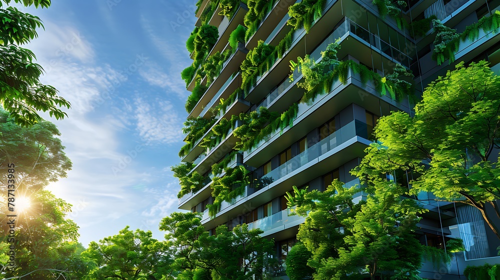 Green Cityscape: Modern Sustainable Buildings, Eco-Friendly Architecture, Trees, Urban Environment