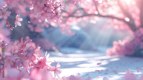 Lush sakura in full bloom, dreamy and clean background, evoking the freshness of spring in photorealistic detail