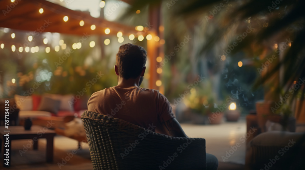 Man Reflecting Alone on a Patio at Dusk with Festive Lights Man Reflecting Alone on a Patio at Dusk with Festive Lights