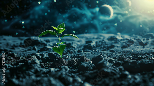 Sprout on moon surface: Young plant growing on lunar ground with earthshine and stars, symbolizing life and hope in space exploration.
 photo