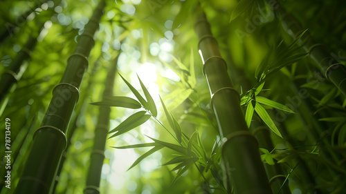 Photorealistic bamboo forest, concept of natural resources, creative copyspace, clean eco-friendly style, wide angle, photo