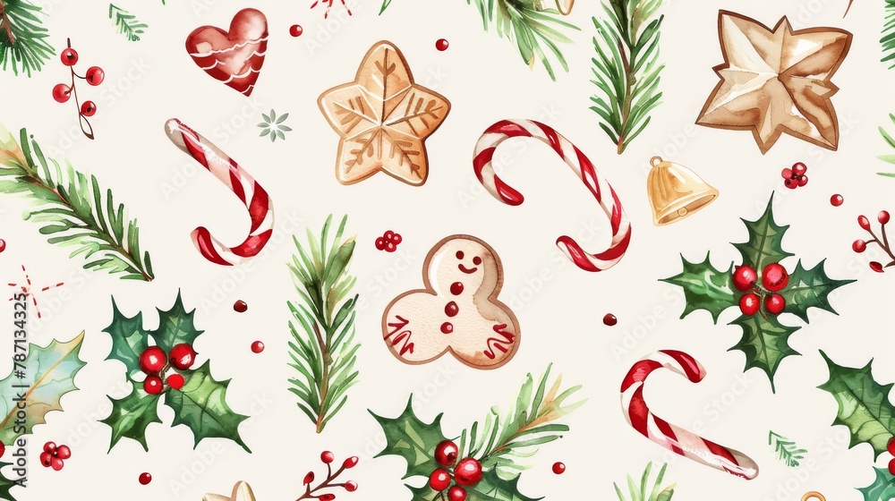 An elegant and traditional watercolor pattern with branches of holly, berries, stars, gingerbread hearts and gingerbread men, bells, and candy canes on a light blue background. An elegant and traditional watercolor pattern with branches of holly, berries, stars, gingerbread hearts and gingerbread men, bells, and candy canes on a light blue background.