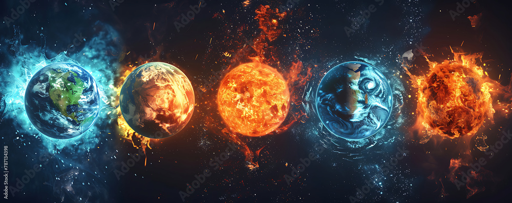 Abstract five Fundamental Elements of Nature with fire, water , Earth, Space, and Creation illustration background. generative ai.