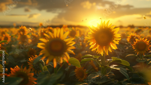 photorealistic scene of a sunflower field at peak bloom, bees buzzing and the sun setting in the background