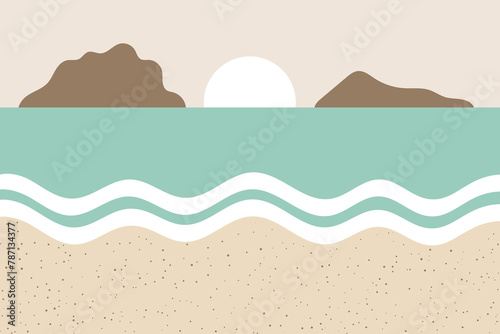 Sea sandy beach in abstract style. Sandy beach overlooking the sea and mountains. Simple vector illustration of paradise beach in flat style for design. Summer vacation.