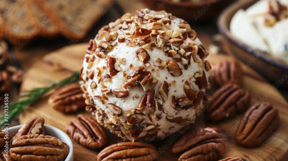 Cheese ball coated with crushed pecans served on wooden board. Cheese ball coated with crushed pecans served on wooden board.