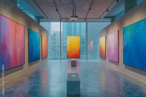 Art gallery with large abstract paintings creating a gradient of colors along the walls