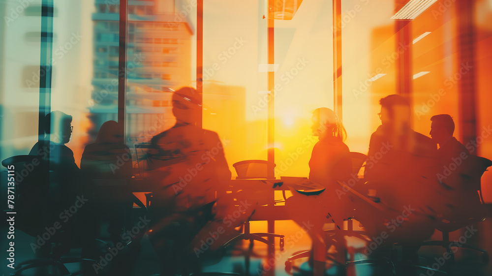 Teamwork and strategy planning captured in a double exposure of corporate people discussing in a conference room, abstract business concept - obrazy, fototapety, plakaty 