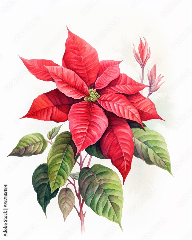 Poinsettia in watercolor, rich reds, slightly angled view, on a white background, soft shadows ,  watercolor art