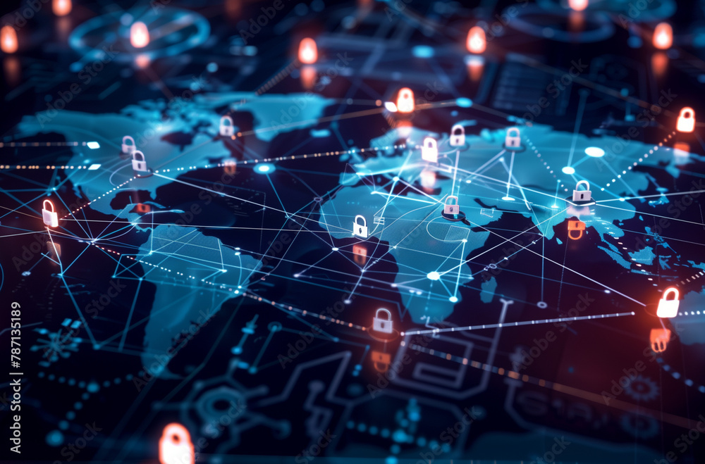 A digital world map with glowing padlock icons scattered across various countries, symbolizing global cyber security challenges A digital world map with glowing padlock icons scattered across various countries, symbolizing global cyber security challenges
