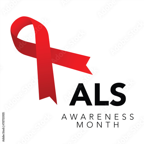 Als awareness month. Vector banner for social media, card, poster. Illustration with text ALS awareness month, amyotrophic lateral sclerosis. Red striped ribbon on a white and red background