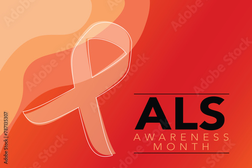 Als awareness month. Vector banner for social media, card, poster. Illustration with text ALS awareness month, amyotrophic lateral sclerosis. Red striped ribbon on a white and red background