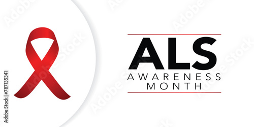 Als awareness month. Vector banner for social media, card, poster. Illustration with text ALS awareness month, amyotrophic lateral sclerosis. Red striped ribbon on a white and red background