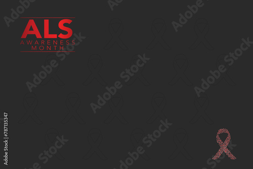 Als awareness month. Vector banner for social media, card, poster. Illustration with text ALS awareness month, amyotrophic lateral sclerosis. Red striped ribbon on a white and red background