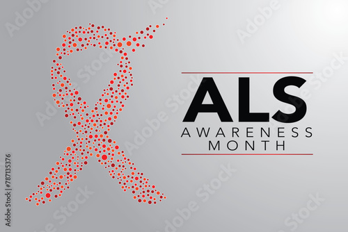 Als awareness month. Vector banner for social media, card, poster. Illustration with text ALS awareness month, amyotrophic lateral sclerosis. Red striped ribbon on a white and red background