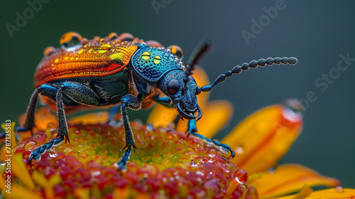 Iridescent Beetle on a Dewy Flower © djmaxx24