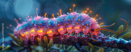 A neon caterpillar with glowing spines perched on a branch  sparkling with dew at twilight.