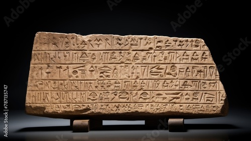 Cuneiform writing on a clay tablet isolated on dark background. photo