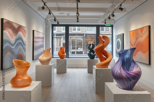 Exhibition room showcasing vibrant, wavy glass vases and abstract wall art