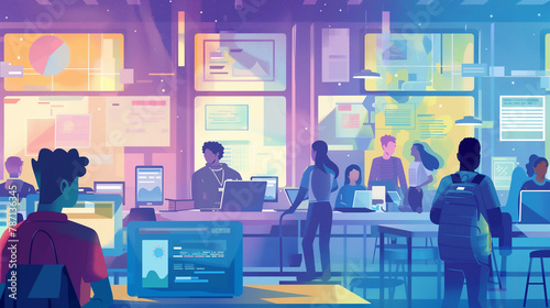 Modern Illustration of the E-Learning Revolution: Transforming Education, Modern Office, saas