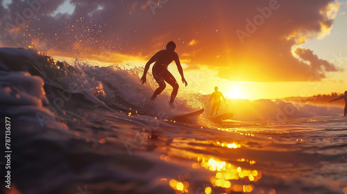 Multiracial surfers catching waves during a vibrant sunrise, encapsulating the dynamic energy and cultural diversity of a bustling beach environment. © Faisal