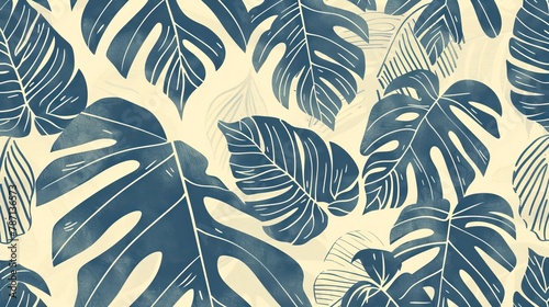 A vintage tropical seamless pattern with silhouettes of leaves on a modern background.