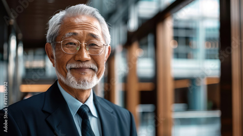 Portrait of elderly mature old Asian businessman in suits on blurred office background. Concept of business, finance, professional, profession, occupation, employee boss employer. Copy space for text 