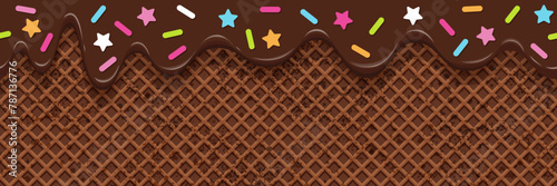 Chocolate melted on a waffle background. Seamless pattern of cake and chocolate wafers texture. Flowing sweet ice cream and colorful sprinkles. Vector illustration © Feodora_21
