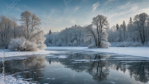 Tranquil frosted winter river landscape