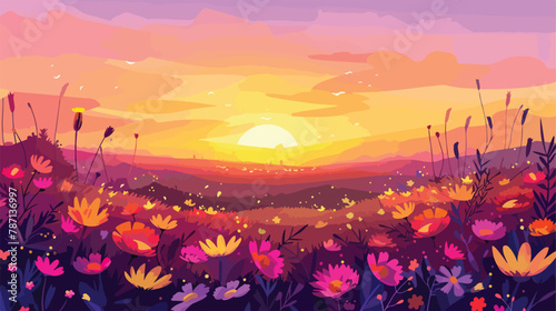 Beautiful sunset over field of blooming flowers vector