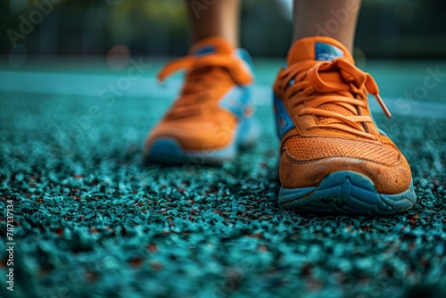 Close-up of orange sports shoes on track