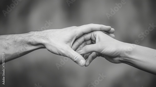 Two black and white images of hands connected.