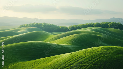 landscape of undulating green hills under a calm sky symbolizes the fertile splendor of nature the peaceful solitude of the countryside, and the overarching themes of growth and environmental beauty