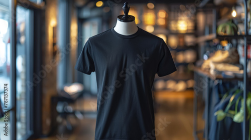 Casual fashion staple represented by a plain black t-shirt on a male mannequin, showcasing timeless style, the simplicity of design, and versatile everyday wear within a clear and focused frame photo