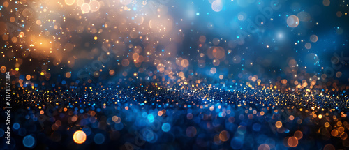 background of sparkling blue and gold bokeh lights, conjuring a sense of magic, festive joy, and the glamorous shimmer of celebratory occasions photo