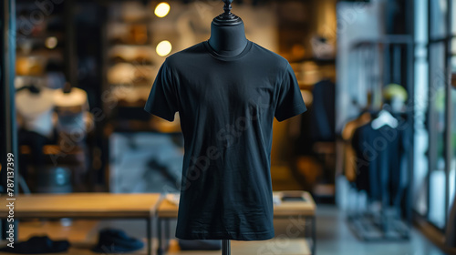 Casual fashion staple represented by a plain black t-shirt on a male mannequin, showcasing timeless style, the simplicity of design, and versatile everyday wear within a clear and focused frame photo