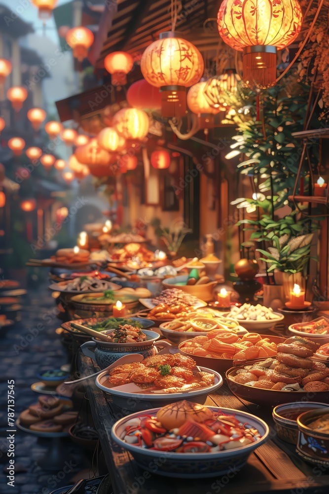 Capture the essence of a multicultural food festival through a long shot illustration combining traditional mediums with street art influences, portraying a diverse array of dishes and cooking utensil