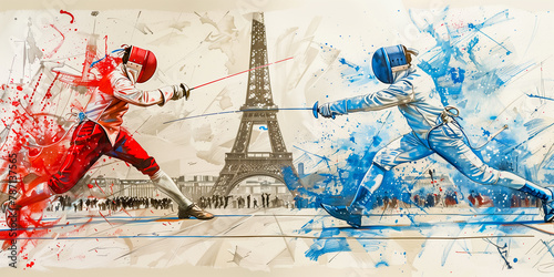 The Olympic Games in Paris France 2024. Athletes fencers with sharp swords or rapiers hold a duel against the background of the Eiffel Tower