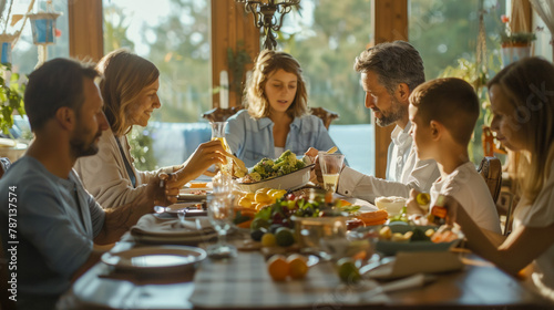 A heartwarming family scene as they gather around a table to enjoy a meal crafted from their own homegrown ingredients, cherishing the farm-to-table experience and family bond. photo