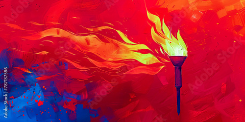 The Olympic Games in France in 2024, Paris. Watercolor of the Olympic torch on a red and blue background. Awarding of winners and awarding of awards. Place for the text