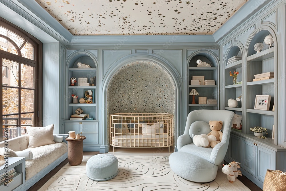 Elegant blue and white modern luxury nursery with crib and bookshelves ...