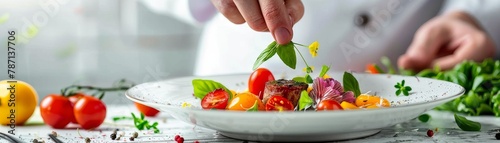 A chef carefully garnishes a plate of food with tweezers. photo
