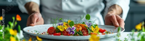 A chef is holding a plate of food that is garnished with flowers.