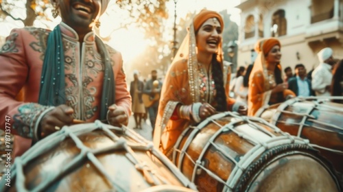 Indian woman and men plays dhol on the street during Baisakhi festival, banner photo