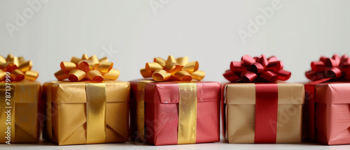 Assortment of beautifully wrapped gift boxes adorned with golden ribbons, set against a white background the excitement of unwrapping presents, and the anticipation of holidays and special occasions