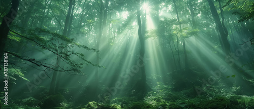 Celestial beams piercing through an enchanted old-growth forest, ghostly mist, a magical and ethereal quality