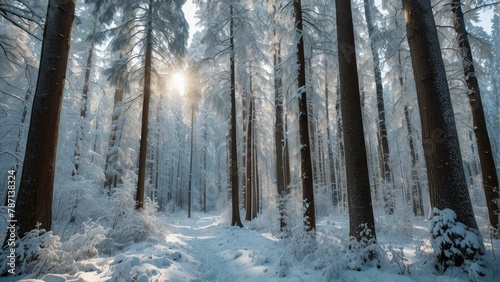 Enchanted snowy forest in serene landscape