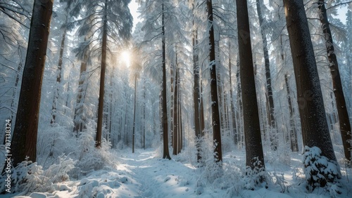 Enchanted snowy forest in serene landscape photo