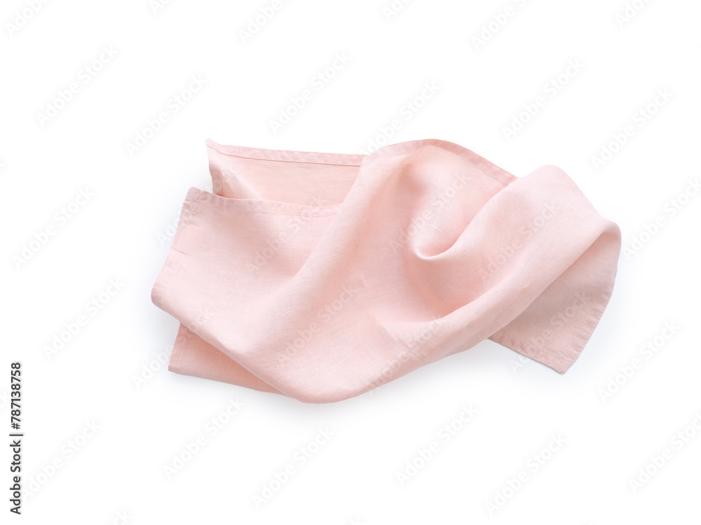 Flat lay with pink linen kitchen napkin isolated on white background. Folded cloth for mockup Flat lay with pink linen kitchen napkin isolated on white background. Folded cloth for mockup
